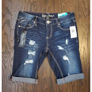 NWT Size 3/4 Ariya Jeans Womens Dark Wash Flap Pocket Denim Shorts Distressed